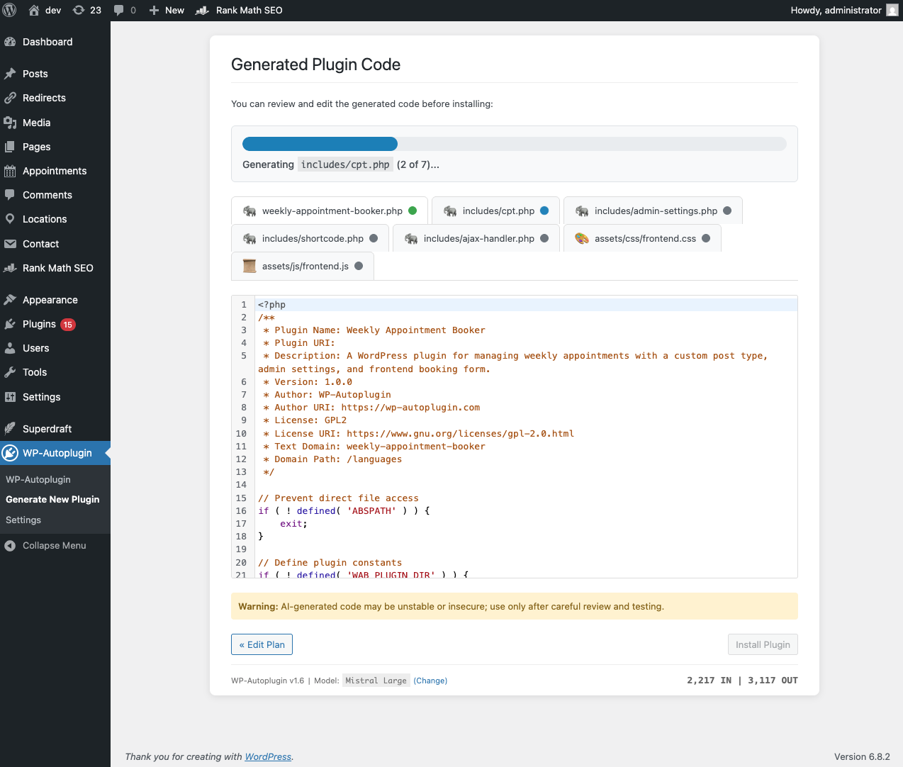 Complex plugin generation interface