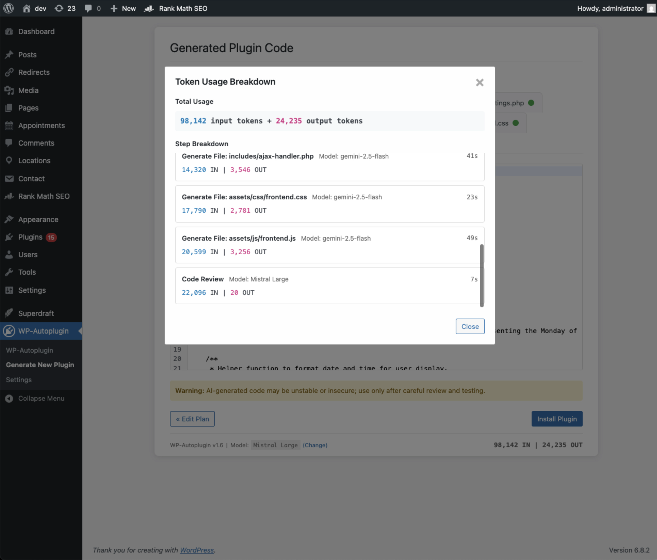 Token usage information
